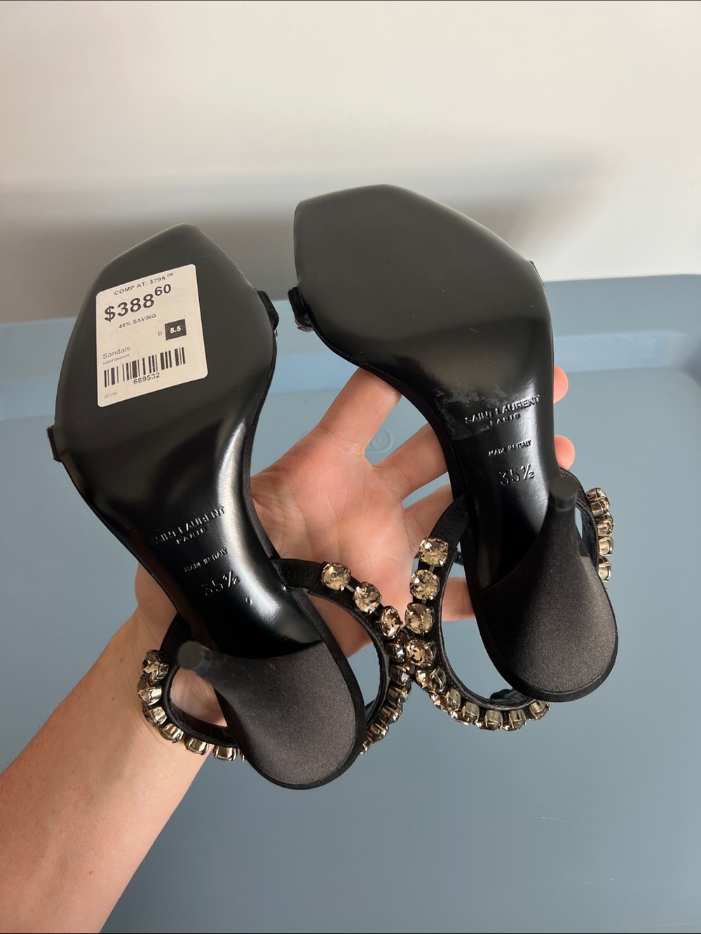 Saint Laurent Paris black and crystal embellished open toe sandals strappy heels - Picture 8 of 12